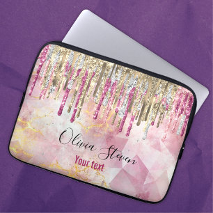 Chic pink gold glitter drips monogram laptop sleeve