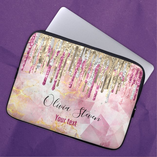 Chic pink gold glitter drips monogram laptop sleeve (Creator Uploaded)