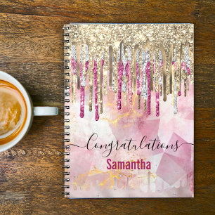 Chic pink gold glitter drips monogram notebook