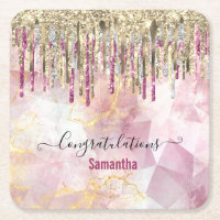 Chic pink gold glitter drips monogram