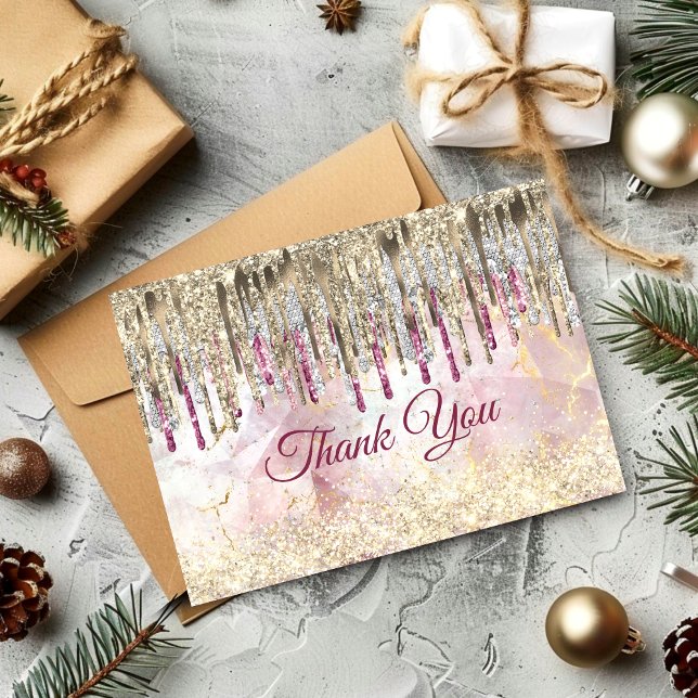 Chic pink gold glitter drips monogram thank you card (Creator Uploaded)