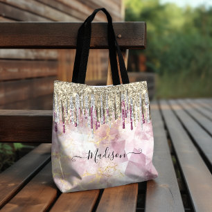 Chic pink gold glitter drips monogram tote bag
