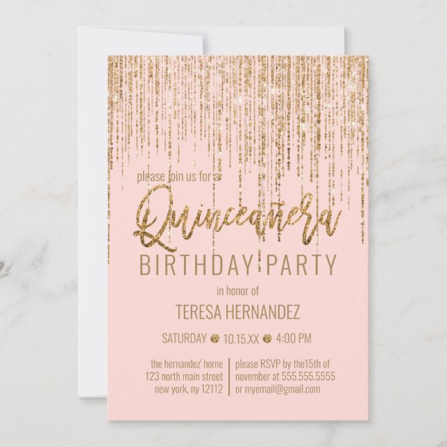 Chic Pink Gold Glitter Fringe Curtain Quinceañera Invitation (Front)