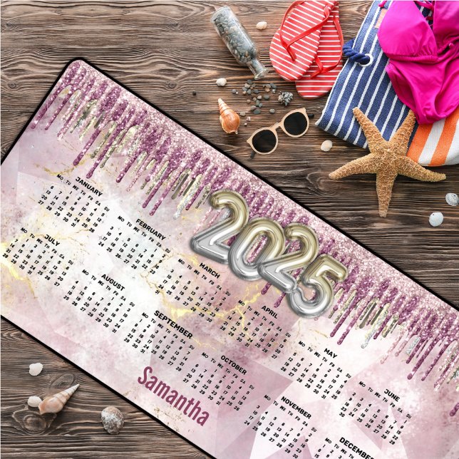 Chic pink gold glitter monogram 2025 calendar  desk mat (Creator Uploaded)