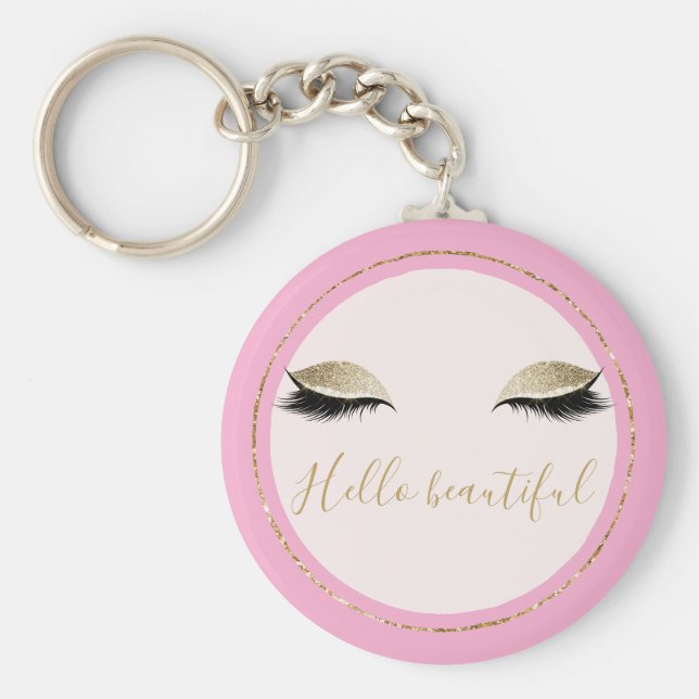 Chic Pink Gold Glitzy Black Eyelashes Key Ring (Front)