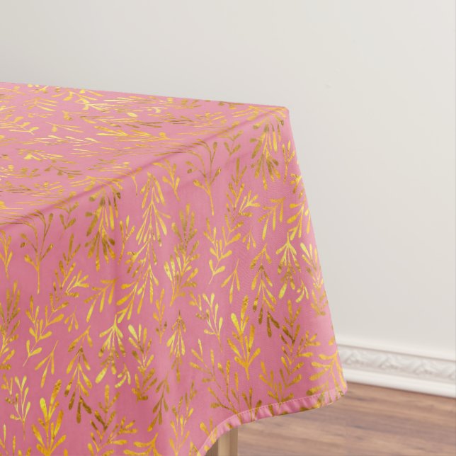 Chic Pink Gold Leaf Fall Autumn Pattern Tablecloth (In Situ)
