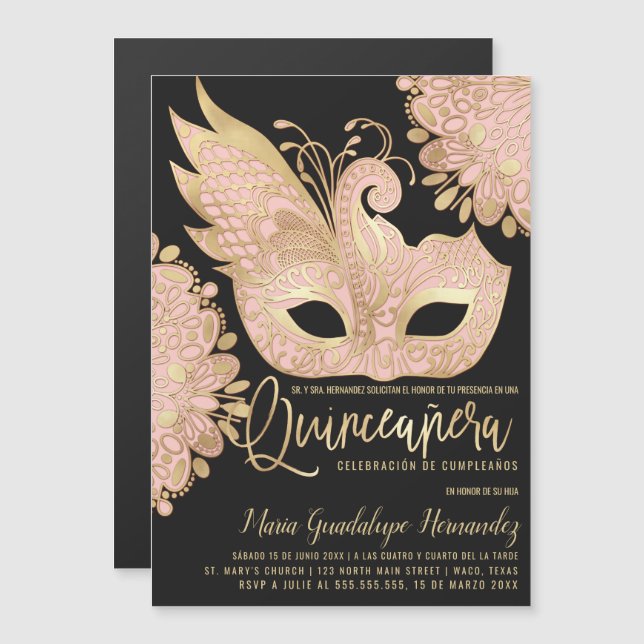 Chic Pink Gold Masquerade Mask Español Quinceañera Magnetic Invitation (Front/Back)