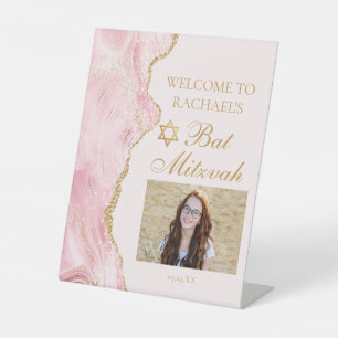 Chic Pink Gold Mitzvah Party Photo Welcome Pedestal Sign