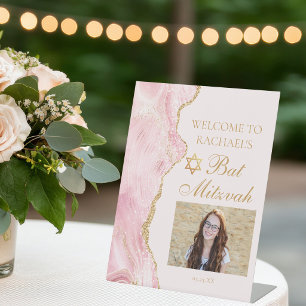Chic Pink Gold Mitzvah Party Photo Welcome Pedestal Sign