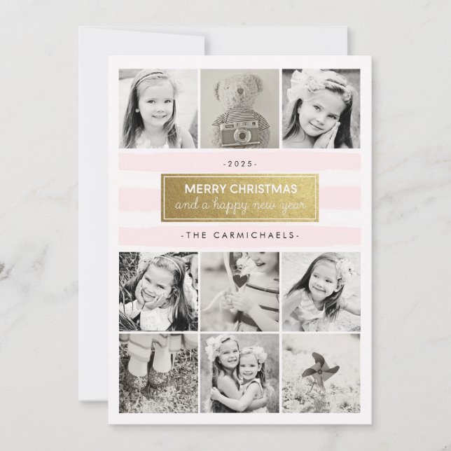 Chic Pink Gold Photo Collage Holidays Card (Front)