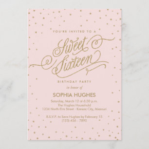 Chic Pink & Gold Stars Sweet Sixteen Party Invitation