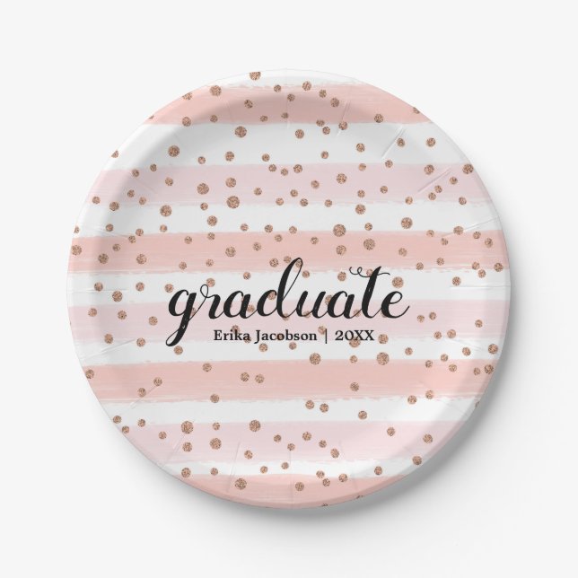 Chic Pink & Gold Striped Graduation Party Plates (Front)