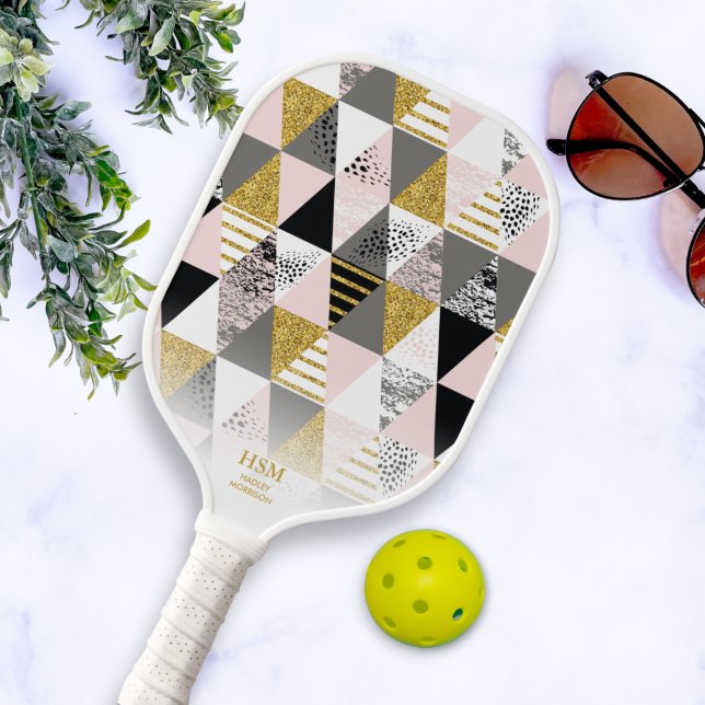 Chic Pink Gold Triangles Custom Monogram Text  Pickleball Paddle (Creator Uploaded)