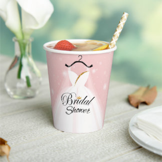 Chic Pink & Gold Wedding Dress Bridal Shower Paper Cups