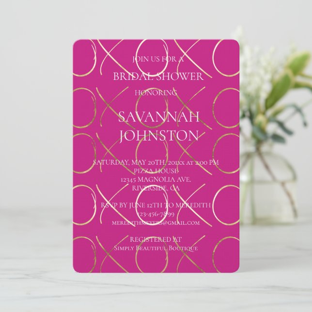 Chic Pink Gold XOXO Bridal Shower Invitation (Standing Front)