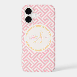 Chic pink greek key geometric pattern monogram