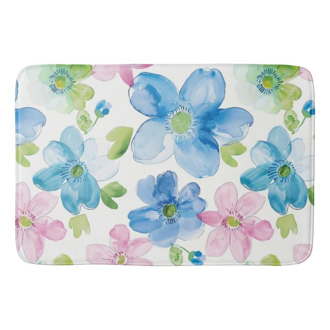 Chic Pink Green Blue Floral  Bath Mat (Front)