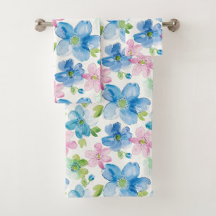 Chic Pink Green Blue Floral  Bath Towel Set