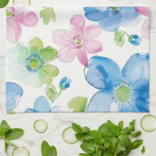 Chic Pink Green Blue Floral Tea Towel