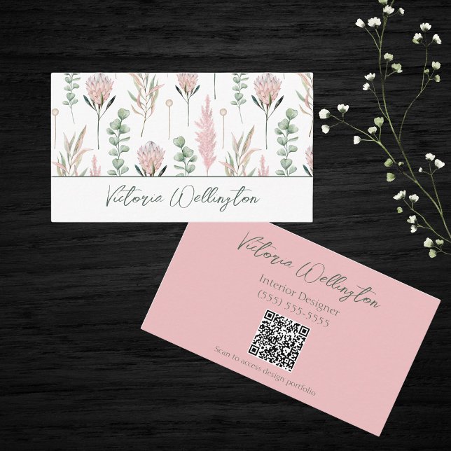 Chic Pink & Green Country Floral QR Code Business Card (Creator Uploaded)