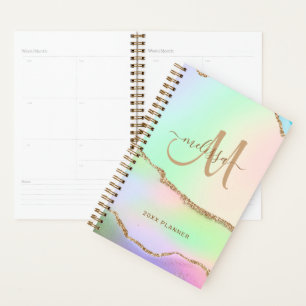 Chic Pink Green Pastel Gold Glitter Monogram 2024 Planner