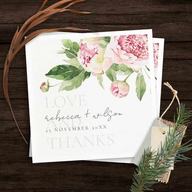 CHIC PINK GREEN PEONY FLORAL LOVE THANKS WEDDING NAPKIN (Creator Uploaded)