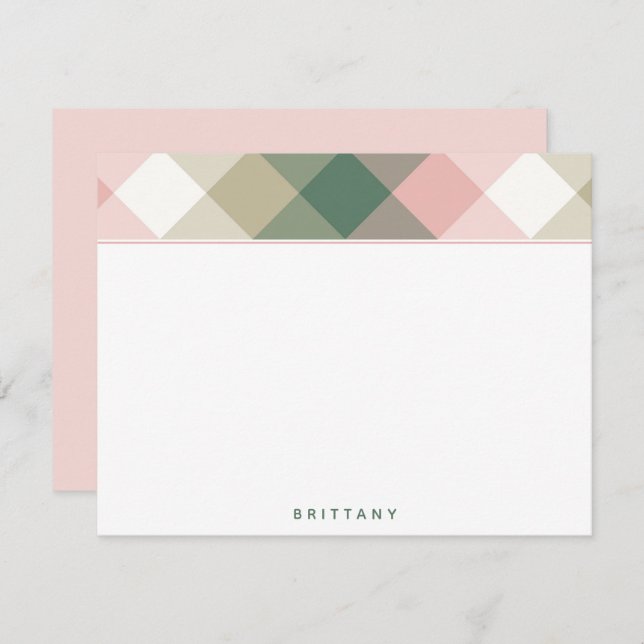 Chic Pink Green Plaid Personalised Flat Note Card (Front/Back)