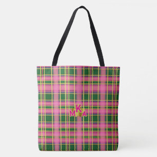 Chic Pink & Green Plaid Tote Bag with Monogram