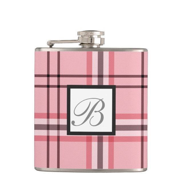Chic Pink & Grey Plaid Fashion Pattern Hip Flask (Front)