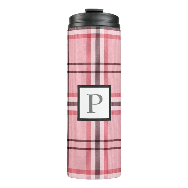 Chic Pink & Grey Plaid Fashion Pattern Thermal Tumbler (Front)