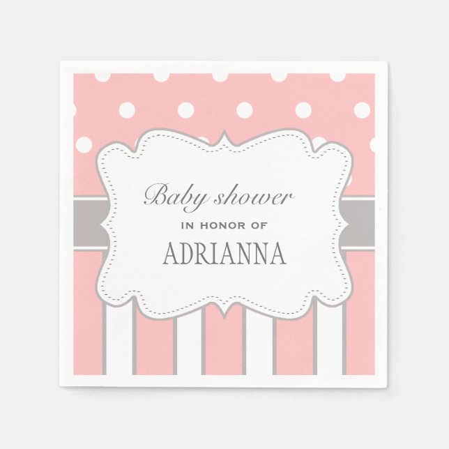 Chic Pink Grey Polka Dots Stripes Baby Shower Napkin (Front)
