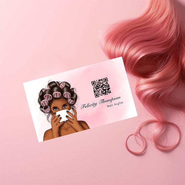 Chic Pink Hair Stylist QR Code Business Card (Creator Uploaded)