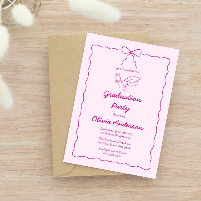 Chic Pink Hand-Drawn Bow Squiggle Graduation Party Invitation (Creator Uploaded)