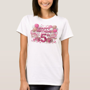 Chic Pink HAPPY BIRTHDAY 5TH Artistic Motif T-Shirt