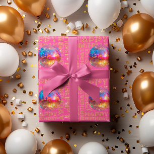 Chic Pink Happy Birthday Gold Glitter Disco Ball Wrapping Paper