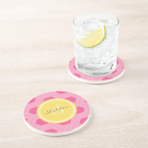 Chic pink honeycomb geometric patterns monogram coaster