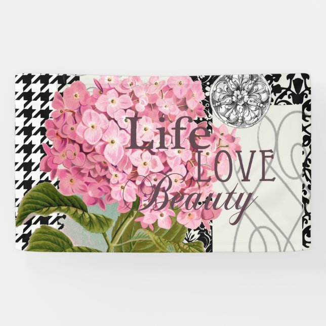 Chic Pink Hydrangea Collage Vintage Damask Art Banner (Horizontal)