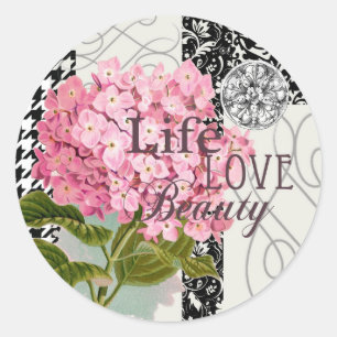 Chic Pink Hydrangea Collage Vintage Damask Art Classic Round Sticker