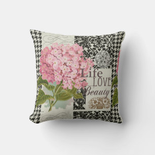 Chic Pink Hydrangea Collage Vintage Damask Art Cushion