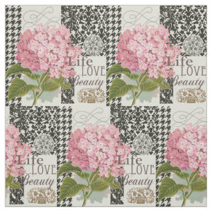 Chic Pink Hydrangea Collage Vintage Damask Art Fabric