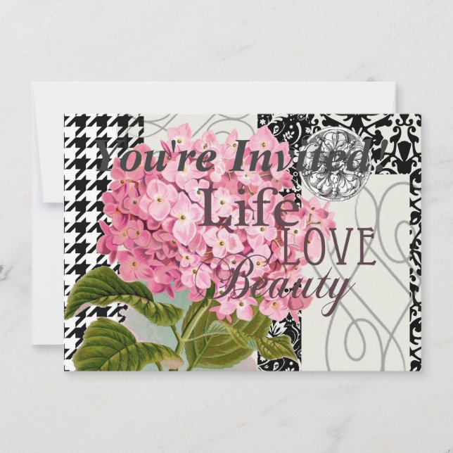 Chic Pink Hydrangea Collage Vintage Damask Art Invitation (Front)