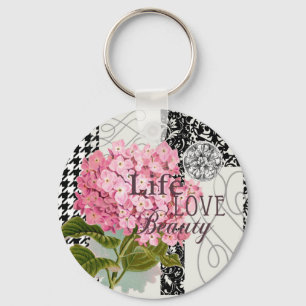 Chic Pink Hydrangea Collage Vintage Damask Art Key Ring