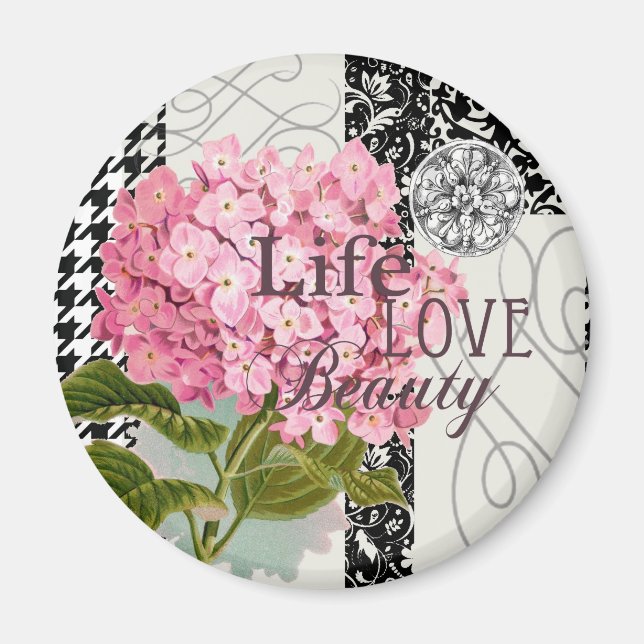 Chic Pink Hydrangea Collage Vintage Damask Art Magnet (Front)