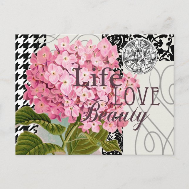 Chic Pink Hydrangea Collage Vintage Damask Art Postcard (Front)