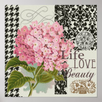 Chic Pink Hydrangea Collage Vintage Damask Art