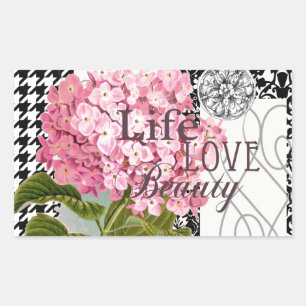 Chic Pink Hydrangea Collage Vintage Damask Art Rectangular Sticker