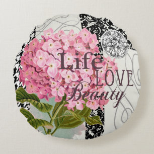Chic Pink Hydrangea Collage Vintage Damask Art Round Cushion