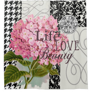 Chic Pink Hydrangea Collage Vintage Damask Art Shower Curtain