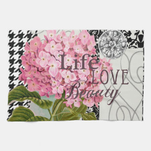 Chic Pink Hydrangea Collage Vintage Damask Art Tea Towel