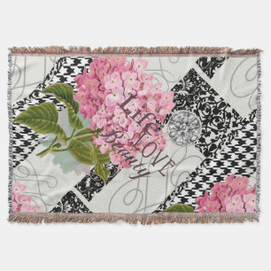Chic Pink Hydrangea Collage Vintage Damask Art Throw Blanket